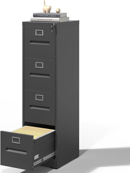 4 Drawer File Cabinet,Metal Filing Cabinets with Lock,Black Vertical File Cabinet for Home Office,Heavy Duty Metal Storage Cabinet for A4/Letter/Legal Size File,Assembly Required - LeafyLoom