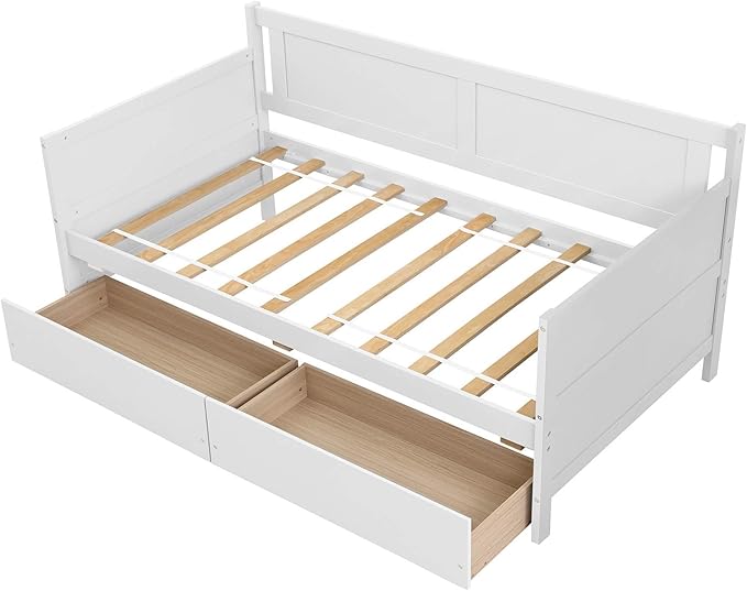 Twin Daybed with 2 Storage Drawers,Pinewood Twin Size Daybed Frame with Solid Guardrail,Dual-Use Sofa Daybed for Boys/Girls/Teens Bedroom, Easy to Assemble, No Box Spring Needed,White - LeafyLoom