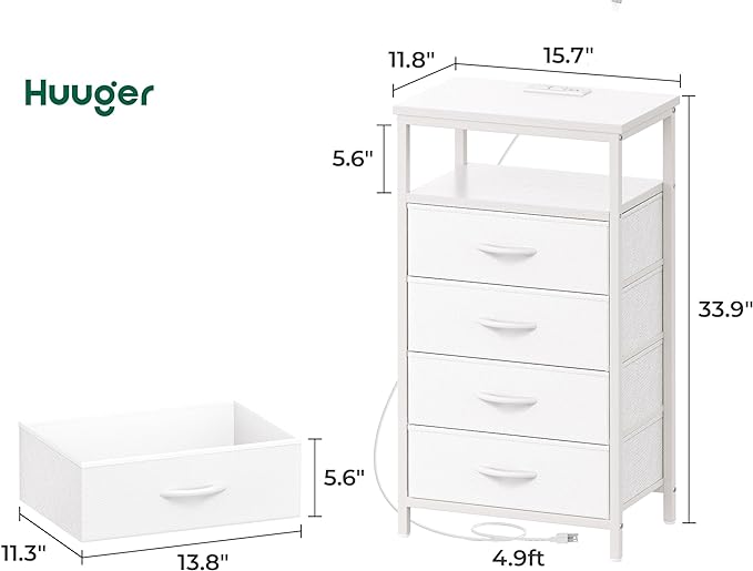 Night Stand with Charging Station, Multiple Drawer Dresser for Bedroom, Bedside Table, Tall Nightstand with PU Leather Finish, Open Shelf, End Table, for Closet, Entryway, Bedroom, White - LeafyLoom