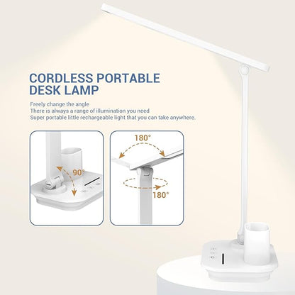 Cordless LED Desk Lamp for Home Office, 6000mAh Rechargeable Battery Operated Table Lamps with Pen Holder,Eye-Caring Reading Lamp, 3 Lighting Modes & Brightness Dimmer Light for Kids Study - LeafyLoom