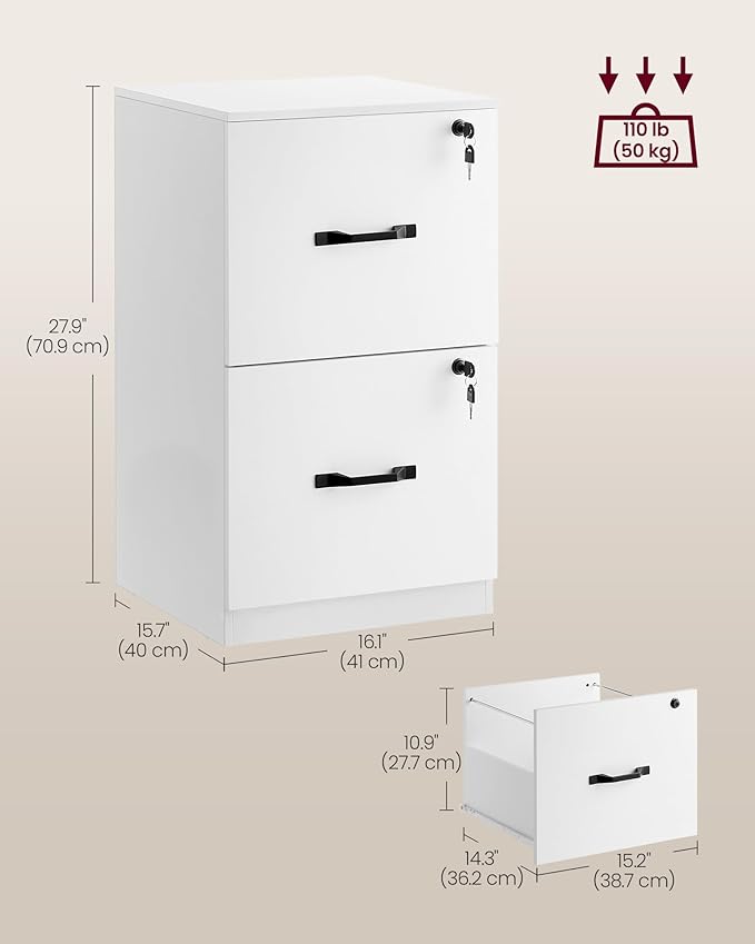 VASAGLE 2-Drawer Vertical File Cabinet, Filing Cabinet for Home Office, Printer Stand, with 2 Lockable Drawers, Adjustable Hanging Rail, for A4 and Letter-Size Files, Cloud White UOFC016W14 - LeafyLoom