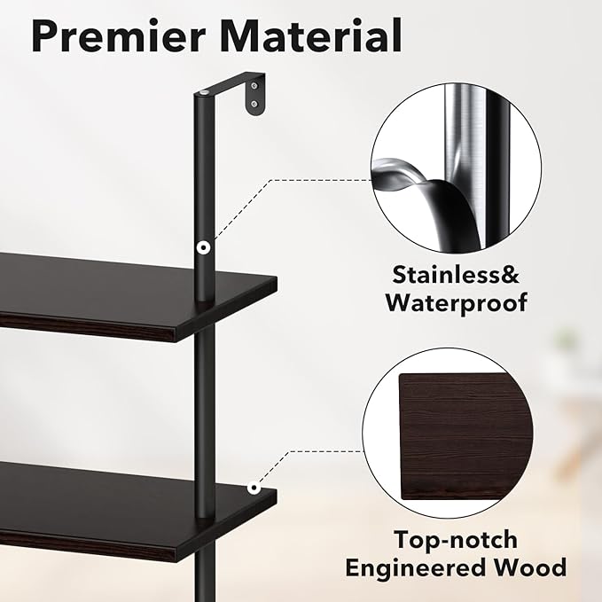 Ladder Shelf Bookcase 5 Tier, Extra Sturdy Modern Bookshelf Wall Mounted, Tall Black Open Book Shelf, Standing Industrial Metal Frame with Wooden Shelves - LeafyLoom