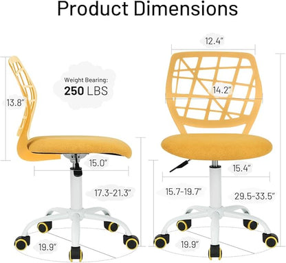 Kids Desk Chair, Fabric Office Chair Armless Small Mid Back Swivel Children Computer Task Chair Ergonomic Height Adjustable Study Chairs with Swivel Padded Cushion and Rolling Wheels, Yellow - LeafyLoom