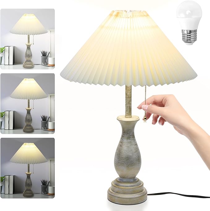 Farmhouse Table Lamp with Pull Chain Switch Control 3-Way Dimmable Table Lamp, Modern Nightstand Lamp Bedside Desk Lamp with Fabric Shade for Living Room Bedroom Hotel (Metal-Pack-01) - LeafyLoom