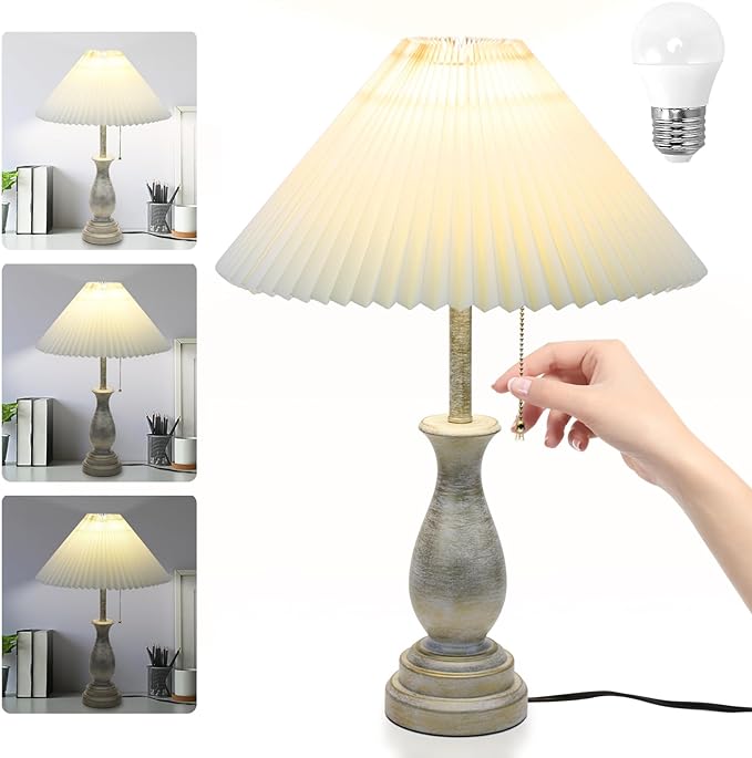 Farmhouse Table Lamp with Pull Chain Switch Control 3-Way Dimmable Table Lamp, Modern Nightstand Lamp Bedside Desk Lamp with Fabric Shade for Living Room Bedroom Hotel (Metal-Pack-01) - LeafyLoom