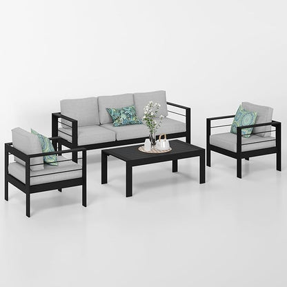 Solaste Aluminum Patio Furniture Set, 4 Pcs Modern Outdoor Conversation Set Sectional Sofa with Upgrade Cushion and Coffee Table,Black Frame and Grey Cushion - LeafyLoom