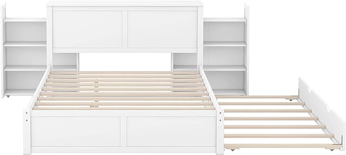 Queen Size Bed Frame with Headboard and Twin XL Trundle, Wood Queen Size Platform Bed with Pull Out Storage Shelves Headboard for Bedroom, White - LeafyLoom