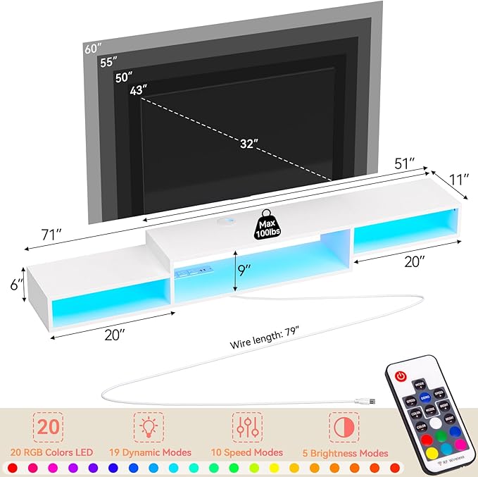 FABATO 71'' Floating TV Stand with LED Light Power Outlet, Floating Shelf for Under TV Wall Mount with Storage Shelf, Media Console Entertainment Center for Living Room, White - LeafyLoom