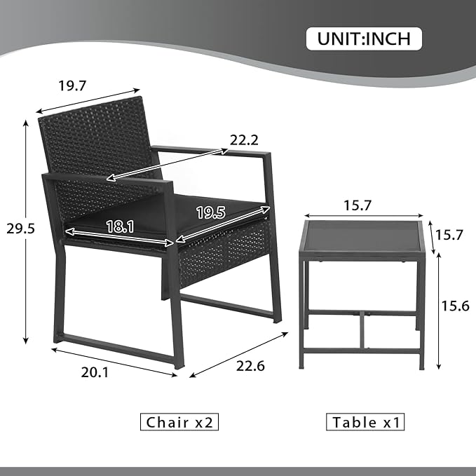 FDW Wicker Patio Chairs Rattan Bistro Set Outdoor Furniture for Backyard Porch Poolside Lawn, Cushion, Black and Black - LeafyLoom