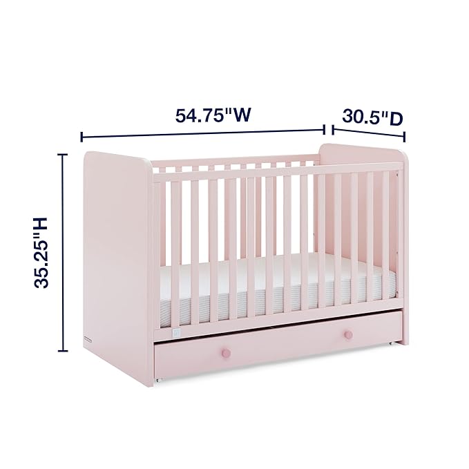 GAP babyGap Graham 4-in-1 Convertible Crib with Storage Drawer - Greenguard Gold Certified, Blush Pink/Dark Pink - LeafyLoom