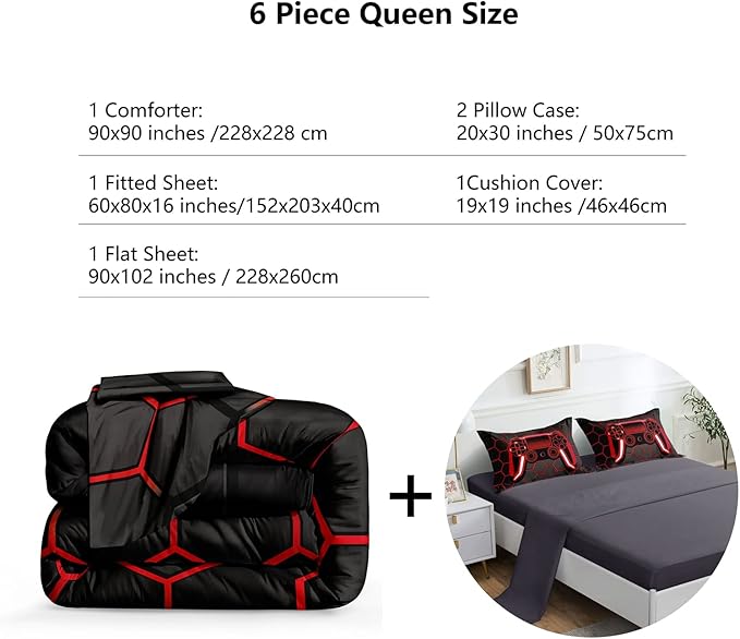 6 Pieces Gaming Bedding Set for Boys Gamer Comforter Set Queen Size,Game Controller Comforter for Boys Kids Adult 3D Gamepad Microfiber Bedding 6 Pieces Bed in A Bag Sets H50023,Queen - LeafyLoom