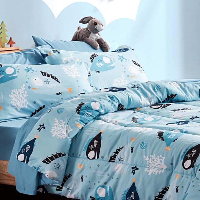 SLEEP ZONE Kids Bedding Comforter Set Full/Queen Size - Super Cute & Soft Kids Bedding 7 Pieces Set with Comforter, Sheet, Pillowcase & Sham (Little Fish) - LeafyLoom