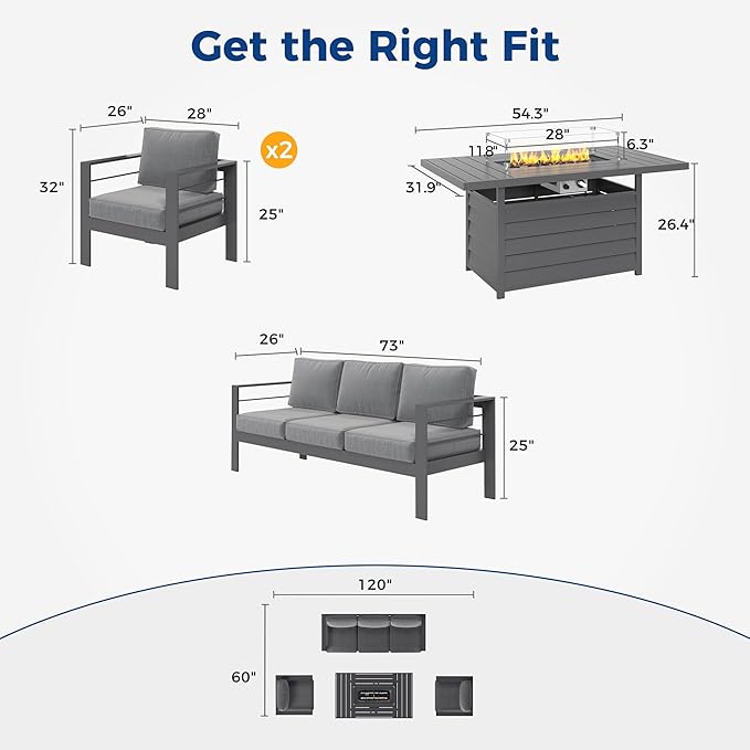 Wisteria Lane Aluminum Patio Furniture Set, 4 Pcs Metal Outdoor Furniture Set with CSA Certified 54in Propane Gas Fire Pit Table, Patio Conversation Set with 5in Olefin Cover Cushions, Dark Grey - LeafyLoom