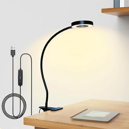 Clip on Desk Lamp with Clamp for Reading Home Office, 360° Ajustable Clip Light for Bed Headboard, Bedside or Desk with 10 Dimmable Brightness 3 Eye-Care Color Modes - LeafyLoom