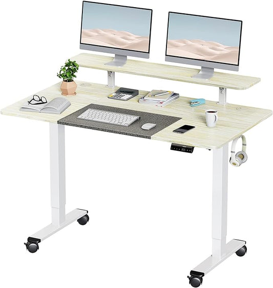 WOKA 55 x 28 Inch Electric Standing Desk with Wheels, Height Adjustable Stand up Desk with a Monitor Stand Riser, Standing Computer Desk with Memory Controllers, Adjustable Desks for Home Office - LeafyLoom