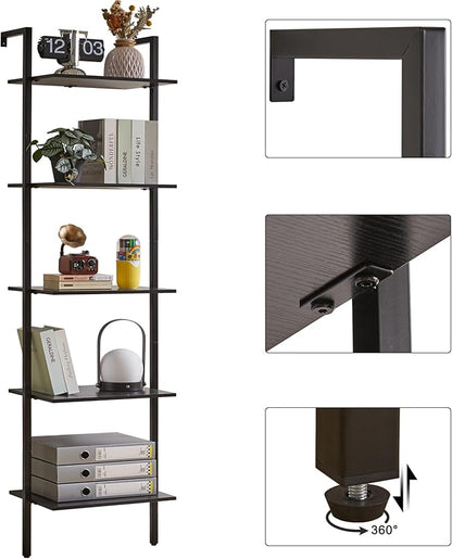 YMYNY 5 Tiers Narrow Ladder Bookcase, Industrial Wall Mounted Bookshelf, Open Display Rack with Metal Frame, Wooden Storage Shelves for Bedroom, Home Office, Living Room, Black, 70*17.3*11.8"UHBC015B - LeafyLoom