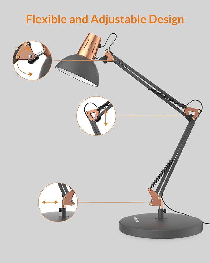 LEPOWER Metal Desk Lamp, Adjustable Goose Neck Architect Table Lamp with On/Off Switch, Swing Arm Desk Lamp with Clamp, Eye-Caring Reading Lamp for Bedroom, Study Room &Office (Sandy Black) - LeafyLoom