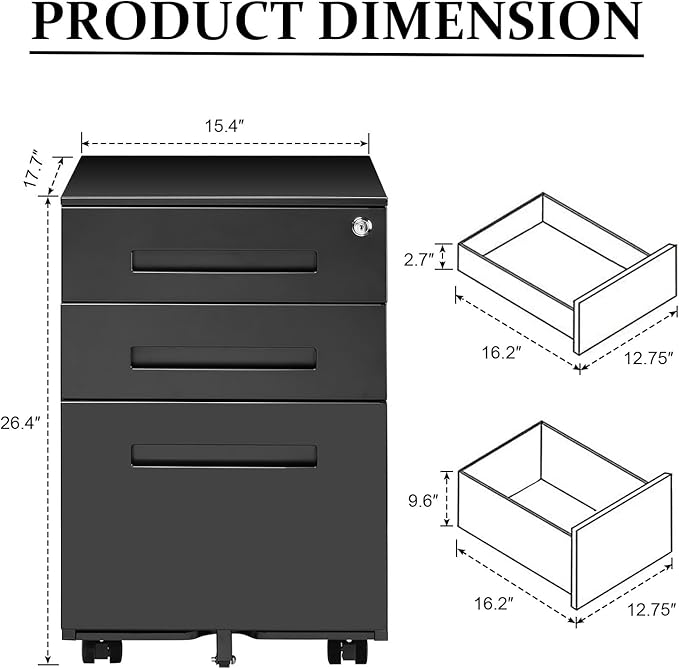 3-Drawer Mobile File Cabinets Rolling Metal Filing Cabinet for Legal & Letter File Anti-tilt Design with Lock Under Desk Office Drawers Fully Assembled Except Casters Black(Style 3) - LeafyLoom