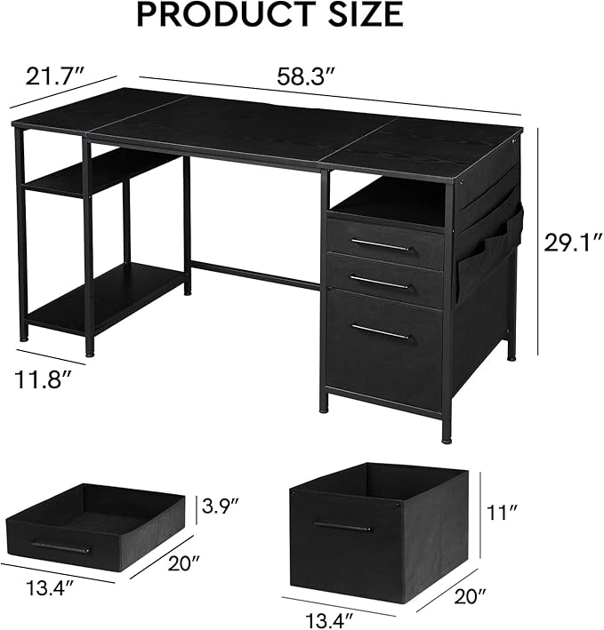 Ｍａｉｈａｉｌ Maihail Home Office Desk with Drawers Adjustable Shelves, 59 inch Writing Desk with File Cabinet, Large Computer Desk with Storage, Vintage, Black - LeafyLoom