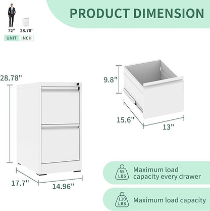 2 Drawer File Cabinet with Lock, Metal Vertical Filing Cabinets for Home Office, Steel Storage Cabinet for Hanging Legal/Letter Size Files, Assembly Required (White) - LeafyLoom