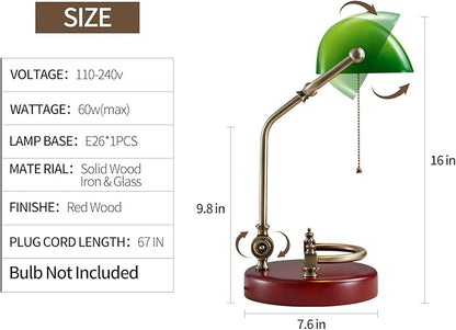 Green Bankers Desk lamp for Home Office Vintage Desk Retro lamp Workplace Lighting Piano Light Bedside lamp Pull Rope Switch，Glass lampshade，UL Certified lamp Holder, Wire - LeafyLoom