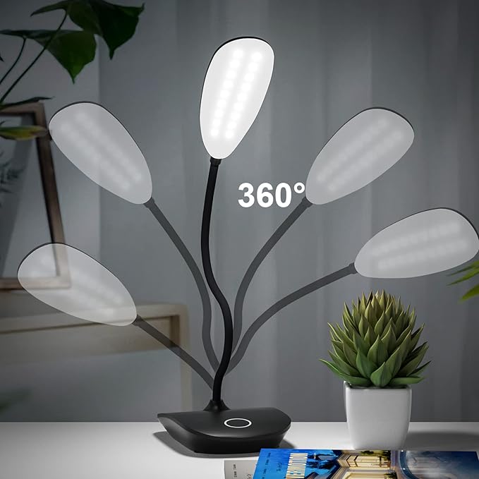 DEEPLITE Battery Operated Desk Lamp, LED Desk Light 3 Lighting Modes Stepless Dimming, Table Lamp 5W Touch Control Eye Caring, Flexible Gooseneck, Portable Reading Light for Dorm Study Office Bedroom - LeafyLoom