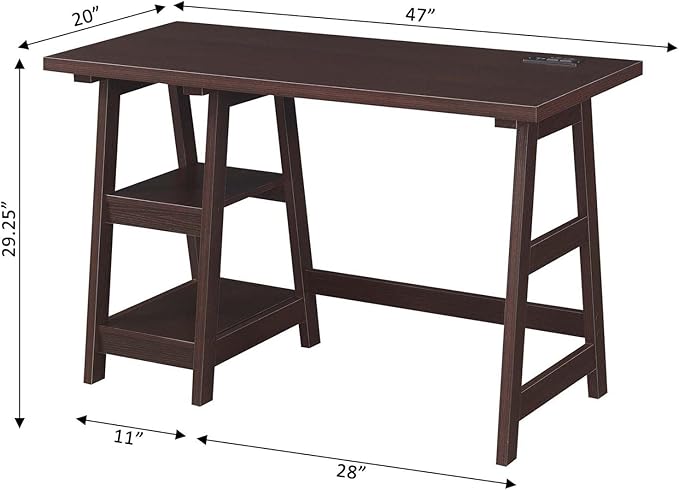 Convenience Concepts Designs2Go Trestle Desk with Charging Station and Shelves, Espresso - LeafyLoom