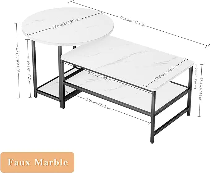 WOHOMO Coffee Table, White Modern Coffee Tables for Living Room, Detachable 2 Small Coffee Tables, Faux White Marble - LeafyLoom