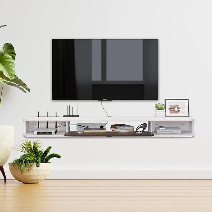 Pmnianhua Floating TV Console,55'' Wall-Mounted Media Console,Floating TV Cabinet,Modern Floating TV Stand,Under TV Entertainment Shelf with Door and Storage for Bedroom Living Room (Grey-White) - LeafyLoom