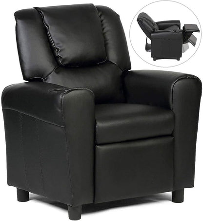 ARLIME Kids Recliner chair, toddler Armchair Upholstered Couch with Cup Holder, Backrest, baby Leather sofa with Headrest and Footrest, Child Furniture for Ages 2-7 (Black) - LeafyLoom