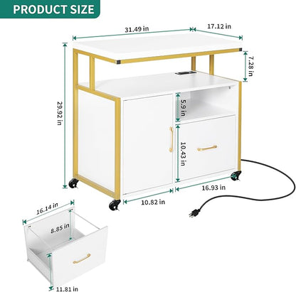 YITAHOME Wood File Cabinet with Charging Station, Rolling Filing Cabinet Cart with Door, Industrial Nightstand with Printer Shelf for Home Office, Bedroom, Living Room, Entryway, Gold and White - LeafyLoom