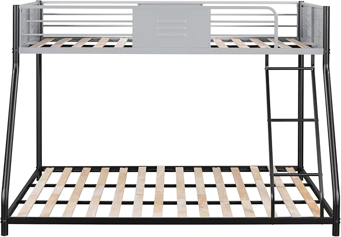 Metal Twin Over Full Bunk Bed, Heavy-Duty Sturdy Metal Frame with Safety Vent Board Guardrail, Low Bunk Beds for Kids, Teens, Adults, No Box Spring Needed - LeafyLoom