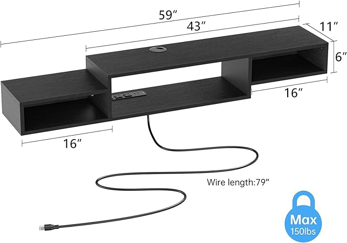 FABATO 59'' Floating TV Stand with LED Light Power Outlet, Floating Shelf for Under TV Wall Mount with Storage Shelf, Media Console Entertainment Center for Living Room, Black - LeafyLoom