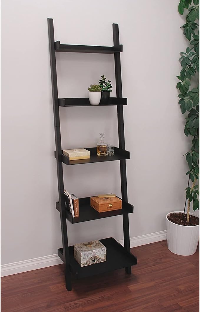 Kiera Grace Providence Hadfield 5 Tier Ladder Shelf Modern Leaning Bookshelf Storage Rack for Home, Office, 18" x 67", Black - LeafyLoom