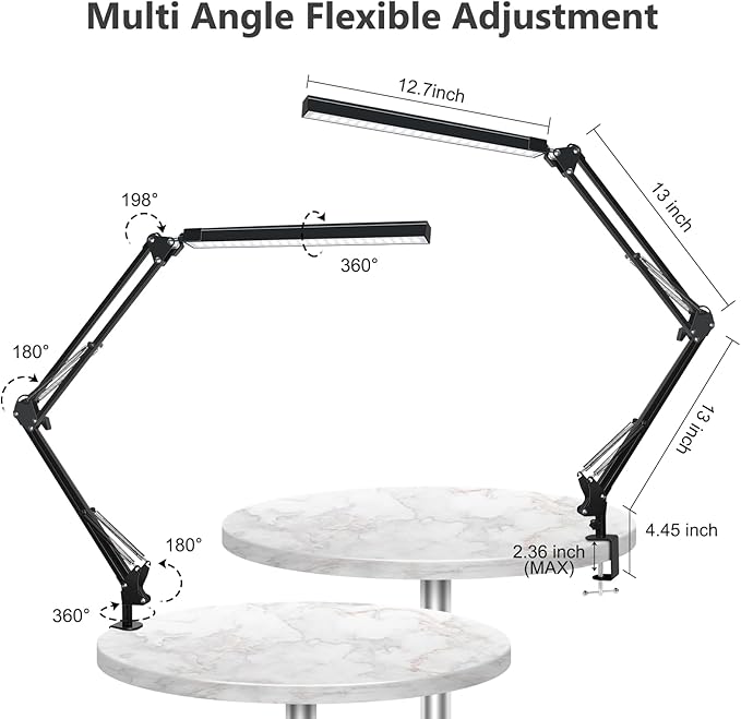 ODOM Swing Arm Led Desk Lamp with Clamp, 3 Color Modes 6 Brightness & Stepless Dimming Eye-Caring, 360 Degree Flexible Desk Lamps for Home Office, with 12V AC/DC Adapter - LeafyLoom