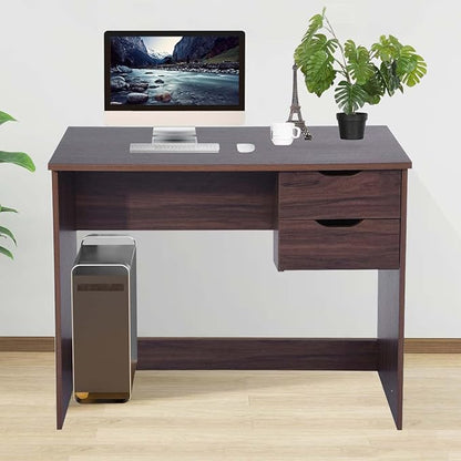 Home Office Computer Desk, 35.4" Small Study Writing Table, with Storage Drawers, Modern Teen Student Adult PC Table Desk, Walnut - LeafyLoom