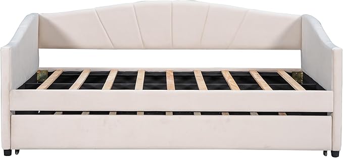 Twin Size Upholstered Daybed with Trundle, Wood Slat Support Sofa Bed with Armrest, No Box Spring Needed, Easy to Assemble, for Studio, Bedroom, Living, Guest Room, Beige - LeafyLoom