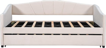 Twin Size Upholstered Daybed with Trundle, Wood Slat Support Sofa Bed with Armrest, No Box Spring Needed, Easy to Assemble, for Studio, Bedroom, Living, Guest Room, Beige - LeafyLoom