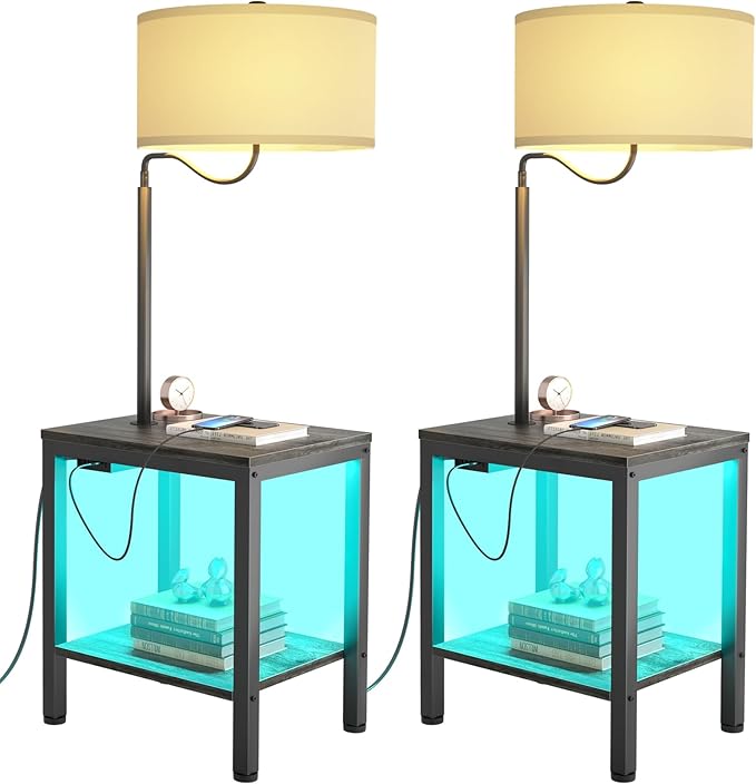 LED Floor Lamp with Table, Side Table with LED Light and Power Outlet, Nightstand with Lamp, End Table with Lamp Attached for Living Room, Bedroom, USB Ports, Bulb Included, Black Oak, 2 Pack - LeafyLoom