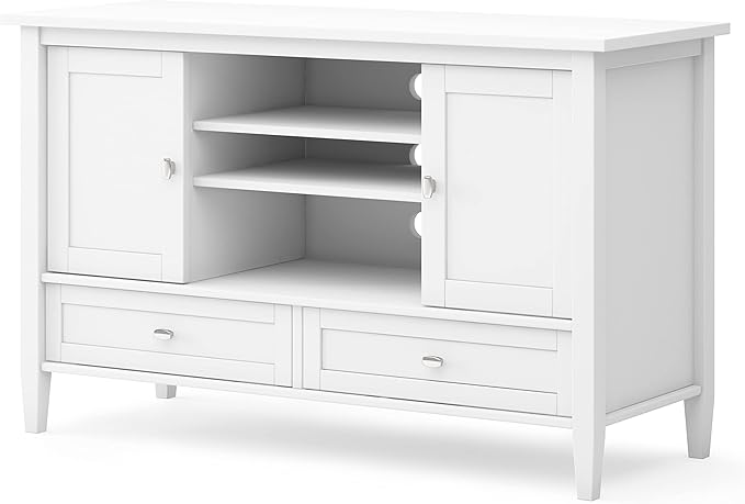 SIMPLIHOME Warm Shaker SOLID WOOD Universal TV Media Stand, 47 inch Wide, Transitional, Living Room Entertainment Center, Storage Cabinet, for Flat Screen TVs up to 55 inches in White - LeafyLoom