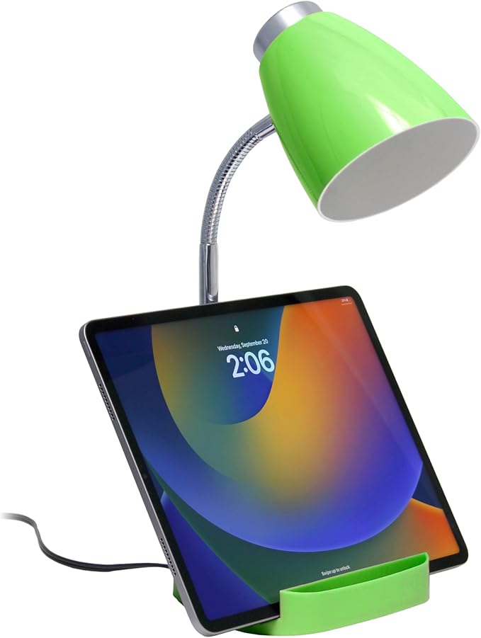 Simple Designs LD1067-GRN Compartmental Desk Lamp with iPhone/iPad/Tablet Stand, Bendable Gooseneck, for Office, Living Room, Nightstand, Library, Entryway, Green - LeafyLoom