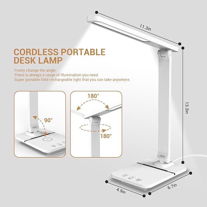 Cordless LED Desk Lamp for Home Office, 6000mAh Rechargeable Battery Operated Table Lamps,Eye-Caring Reading Lamp for Students, 3 Lighting Modes & Brightness Dimmer Light for Kids Study - LeafyLoom