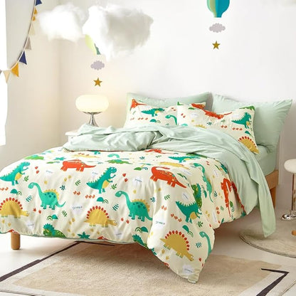 Wake In Cloud - Dinosaur Bedding Set for Boys, Cute Colorful Dinosaur Comforter Set with Sheets, 5 Pieces Kids Bed in a Bag, Cream Green, Twin Size - LeafyLoom