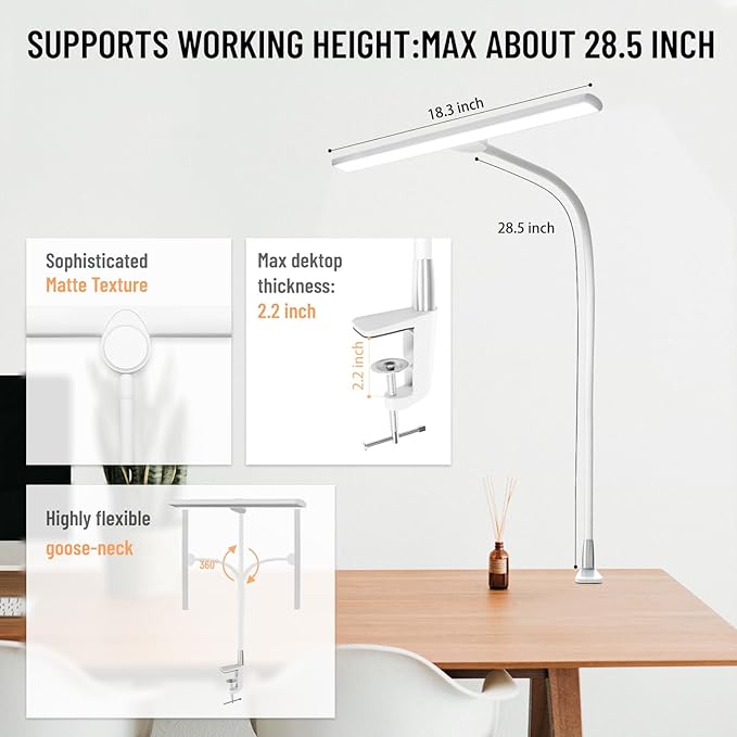 LED Desk Lamp with Clamp, Eye-Caring Architect Desk Lamps for Home Office, 24W Ultra Bright LED 30 Lighting Modes Adjustable, Studio Work Lamp for Task, with Remote Control Table Light - LeafyLoom