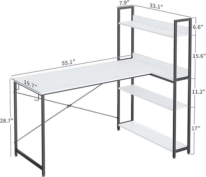 BANTI Computer Corner Desk with Storage Shelves, 55 Inch Small L Shaped Computer Desk, Home Office Writing Desk with 2 Hooks, White - LeafyLoom