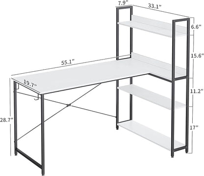 BANTI Computer Corner Desk with Storage Shelves, 55 Inch Small L Shaped Computer Desk, Home Office Writing Desk with 2 Hooks, White - LeafyLoom