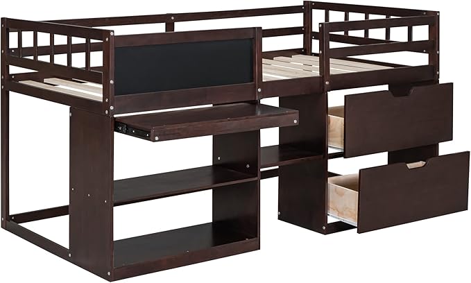 Loft Bed Frame, Twin Size Low Loft Bed with Small Rolling Desk, Chalkboard, 2 Shelves and 2 Storage Drawers for Kids Boys Girls Teens Bedroom, Space Saving Design, Espresso - LeafyLoom