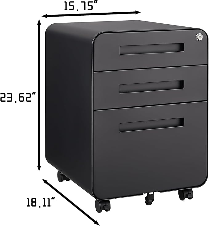 3 Drawer Mobile Desk Office with Lock and Wheels,Versatile Storage Cabinets w/Anti-Tilting Cold Rolled Steel Waterproof Moisture-Proof,for Legal/Letter/A4 Files,Black - LeafyLoom