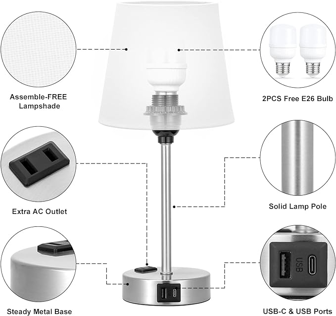 Table Lamps for Bedrooms Set of 2 Bedside - Nightstand with USB C Port and AC Outlet Charging, Dimmable Touch Small White End Side Lamp Light for Kid/Guest Room/Living Room - LeafyLoom