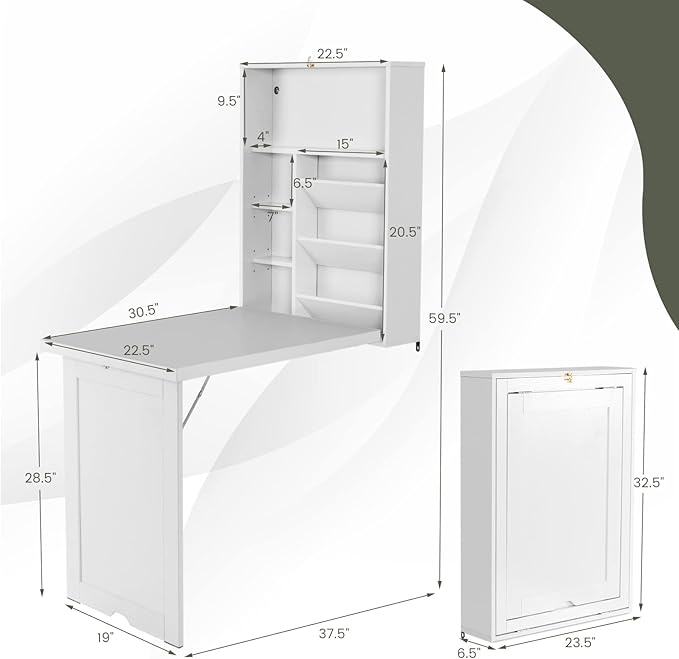 Wall Mounted Table w/Classified Storage Space, Foldable Multiple-Purpose Desk, Sturdy Wood Structure, White - LeafyLoom